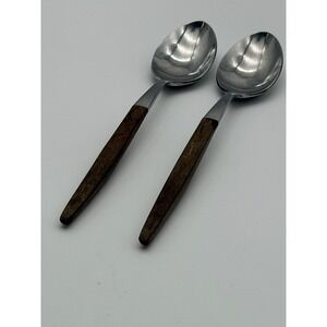 Pyramid Stainless Japan Faux Wood Handle Spoons Set‎ of 2 Mid-Century Modern MCM